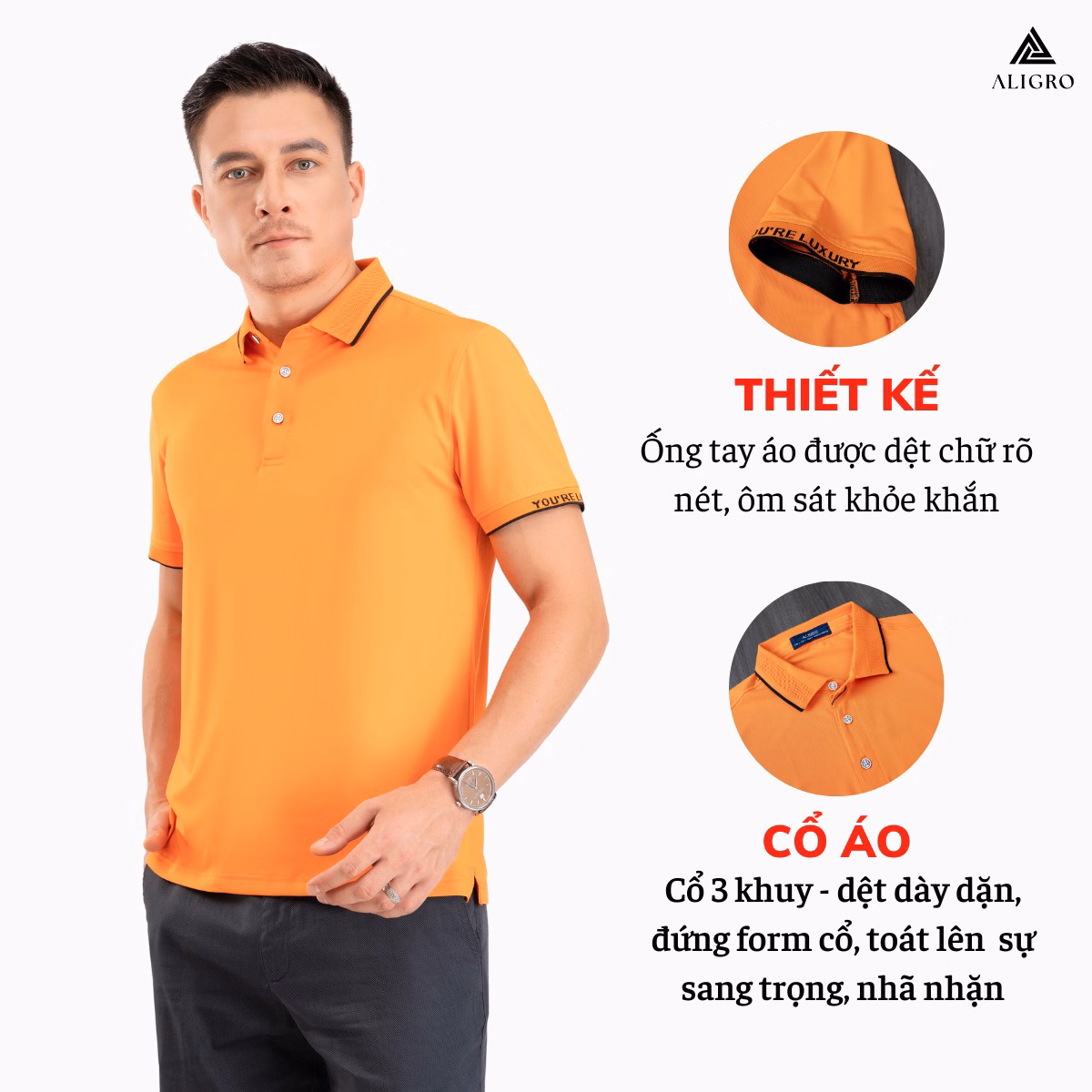 Áo Polo Golf Nam Ngắn Tay Chất Vải Coolmax Màu Cam Năng Động Algplo100 - Aligro - Ảnh 3