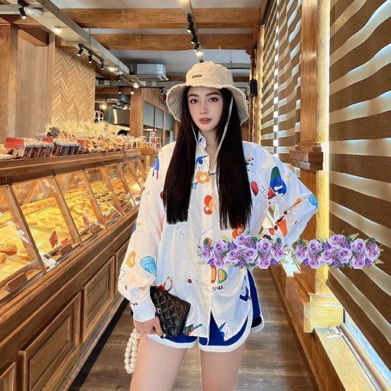 Set Đồ Nữ Áo Sơ Mi In Hình Họa Tiết Phối Quần Đùi Xanh - Ausa House - Ảnh 4