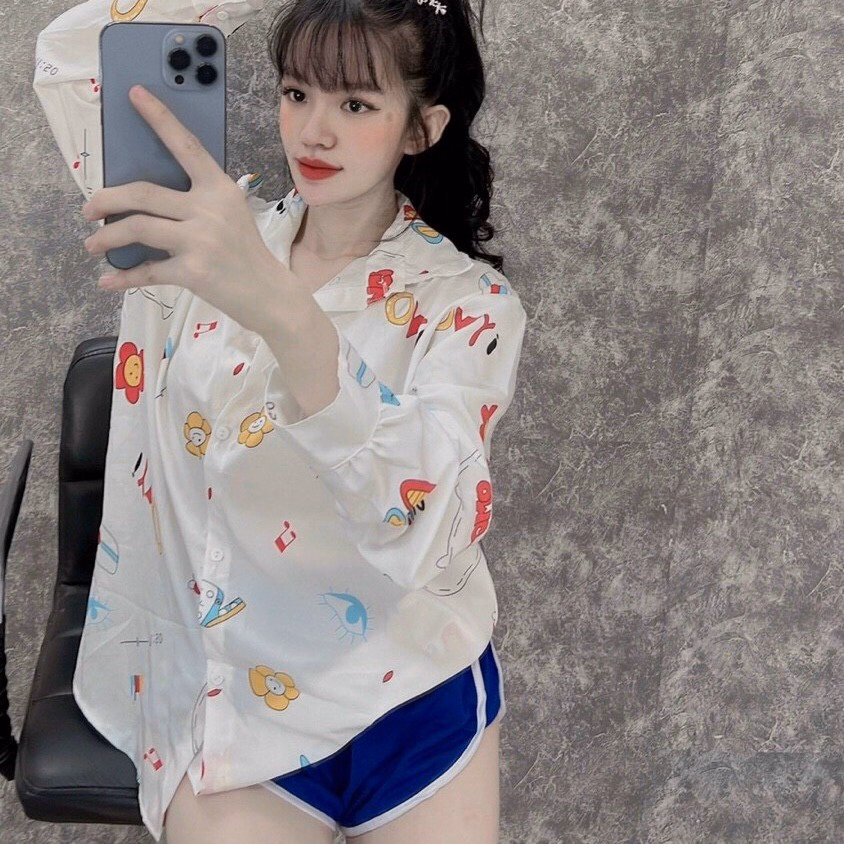 Set Đồ Nữ Áo Sơ Mi In Hình Họa Tiết Phối Quần Đùi Xanh - Ausa House - Ảnh 6