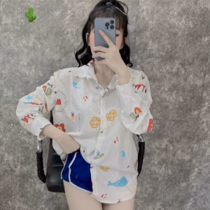 Set Đồ Nữ Áo Sơ Mi In Hình Họa Tiết Phối Quần Đùi Xanh - Ausa House