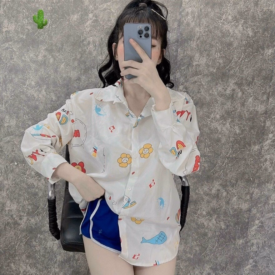 Set Đồ Nữ Áo Sơ Mi In Hình Họa Tiết Phối Quần Đùi Xanh - Ausa House