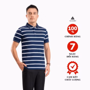 Áo Polo Nam Ngắn Tay Kẻ Ngang Navy-Trắng Algplo98- Aligro