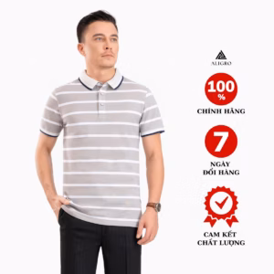 Áo Polo Nam Ngắn Tay Kẻ Ngang Ghi-Trắng Algplo89 - Aligro