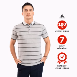Áo Polo Nam Ngắn Tay Kẻ Ngang Màu Ghi Algplo84 - Aligro