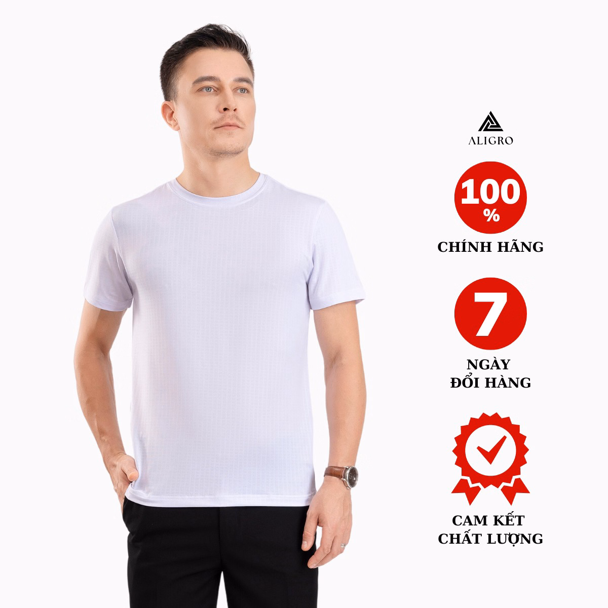 Áo Phông Nam Ngắn Tay Aligro Chất Vải Cotton Ô Chấm Màu Trắng Năng Động Algapc073 - Aligro