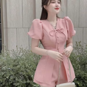 Set Bộ Đồ Nữ Áo Tay Phồng Đính Nút Xẻ Tả Mix Quần Form Ngắn Dd1159 - Nana House