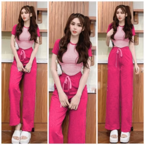 Sétbộ Đồ Nữ Áo Thun Gân Croptop Vạt Bầu - Quần Ống Suông Q26- Sam Store