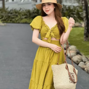 Set Bộ Đồ Nữ Áo Crotop Nhún Ngực Tay Phồng Mix Chân Váy Dài Sa155- Sam Store