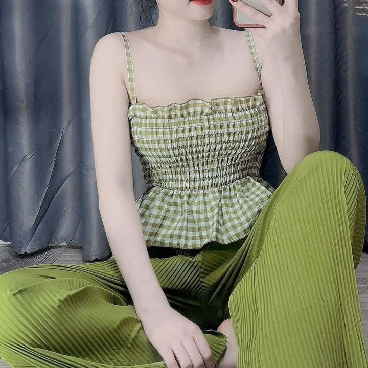 Set Bộ Đồ Nữ Áo 2 Nhún Ngực Dây Mix Quần Ống Rộng Dập Ly Sa156 - Sam Store - Ảnh 3