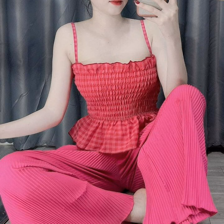 Set Bộ Đồ Nữ Áo 2 Nhún Ngực Dây Mix Quần Ống Rộng Dập Ly Sa156 - Sam Store - Ảnh 2