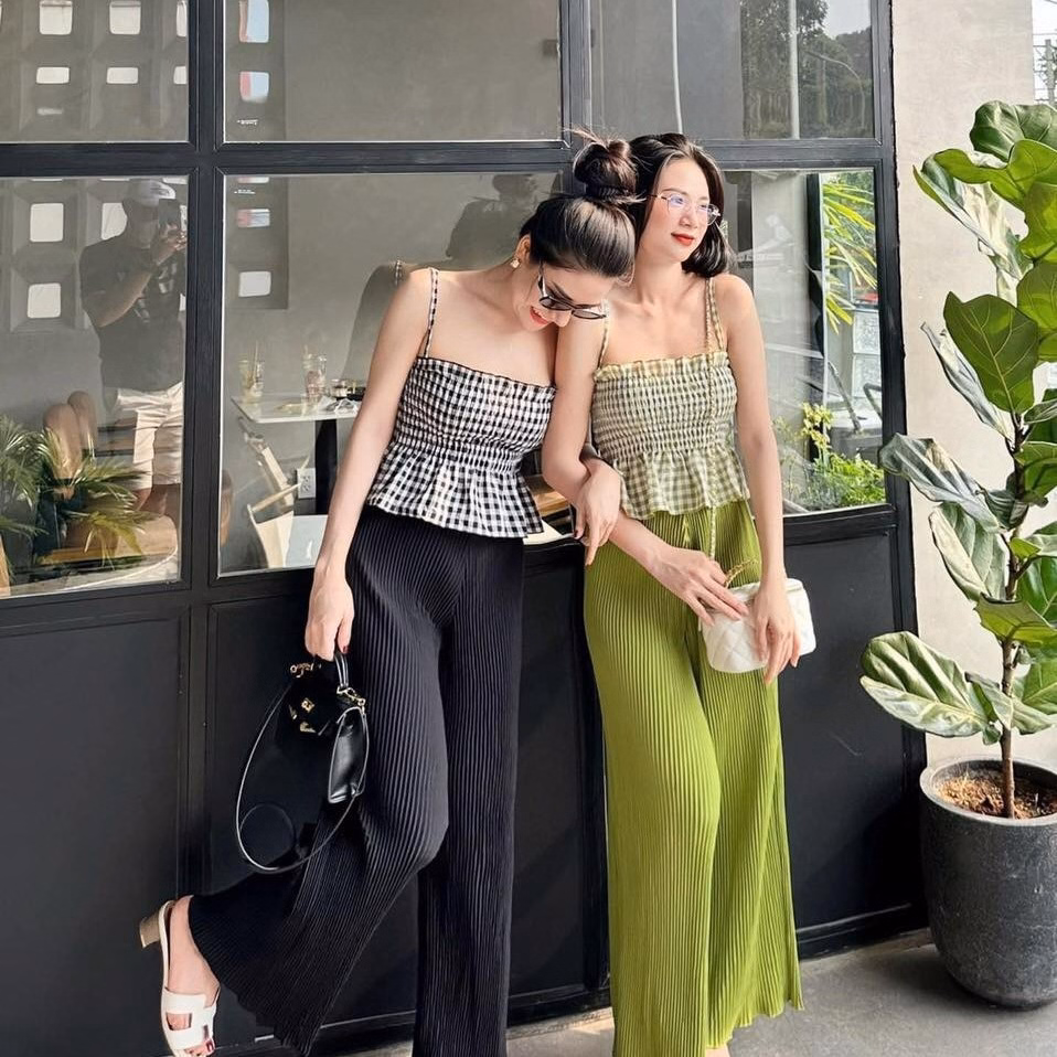 Set Bộ Đồ Nữ Áo 2 Nhún Ngực Dây Mix Quần Ống Rộng Dập Ly Sa156 - Sam Store