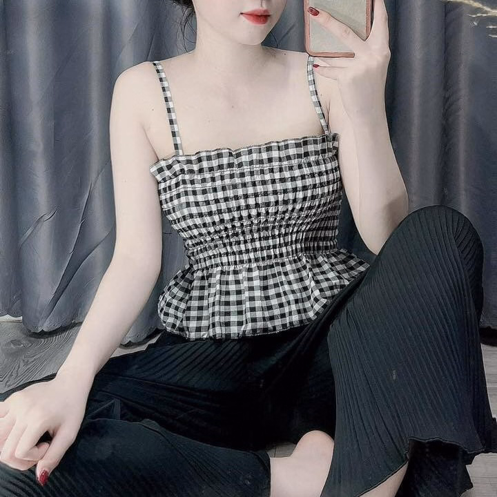 Set Bộ Đồ Nữ Áo 2 Nhún Ngực Dây Mix Quần Ống Rộng Dập Ly Sa156 - Sam Store - Ảnh 4