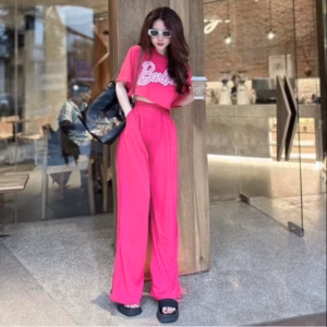 Set Đồ Nữ Áo Croptop Phối Quần Dài Suông Thun Gân Barbie Sa371 - Sam Store
