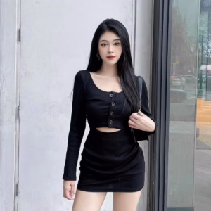 Set Bộ Đồ Nữ Áo Crotop Tay Dài Phối Váy Thun Gân Bt678 - Nana House