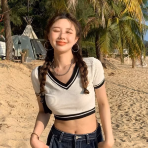 Áo Crotop Cổ Tim Phối Viền Ôm Body Chất Thun Gân Sa177 - Sam Store