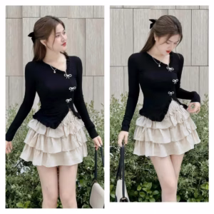 Set Bộ Đồ Nữ Áo Nhung Tăm Phối Chân Váy 3 Tầng (Có Lót) Dd110 - Nana House