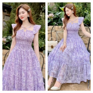 Đầm Váy Nữ Voan Hoa Xòe Mocking Eo Hoa Tím Dd021 - Nana House