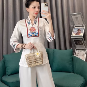 Set Đồ Lam Đi Chùa Vải Lụa Xước, Đồ Bộ Cổ Chữ V Hoạ Tiết Liên Hoa - Shop Mẹ Bống