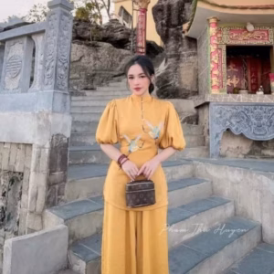 Set Đồ Lam Đi Lễ Chùa, Tay Lỡ Cách Tân Cao Cấp - Shop Mẹ Bống