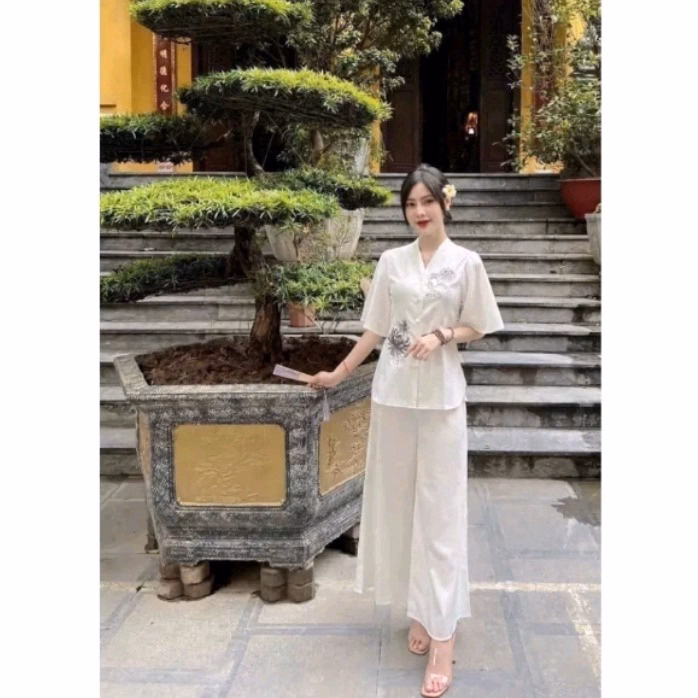 Set Đồ Lam Đi Chùa Nữ Vải Lục Ngọc Trai Lụa Thêu Hoa Mẫu Đơn - Shop Mẹ Bống - Ảnh 4