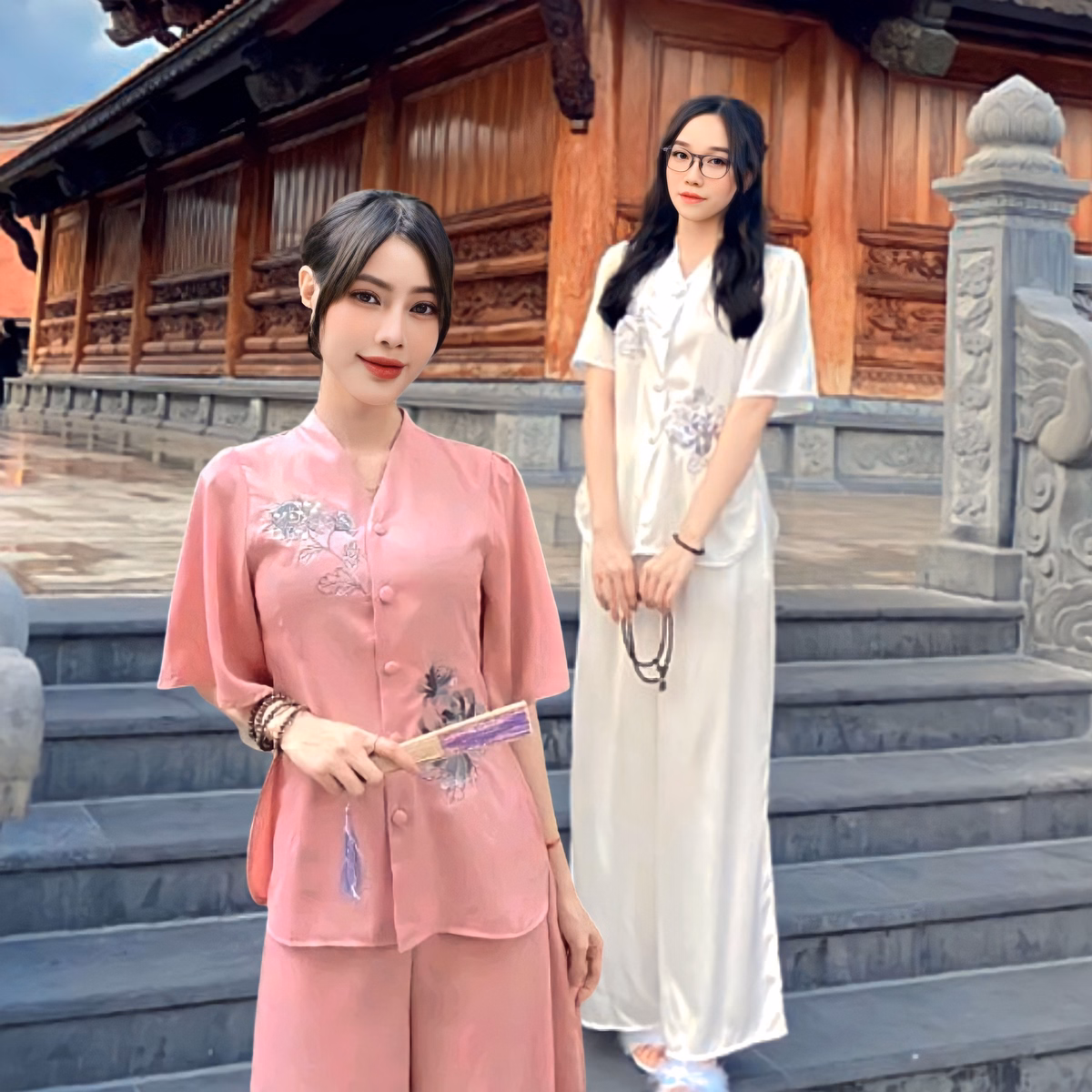 Set Đồ Lam Đi Chùa Nữ Vải Lục Ngọc Trai Lụa Thêu Hoa Mẫu Đơn - Shop Mẹ Bống