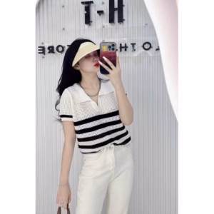 Áo Len Cộc Tay Cổ Bẻ Phối Kẻ Ngang Chất Liệu Len Lưới Độc Đáo Slcxa212 - Chipxinhxk