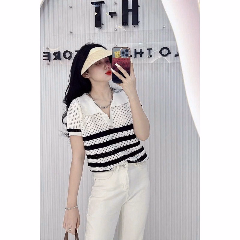 Áo Len Cộc Tay Cổ Bẻ Phối Kẻ Ngang Chất Liệu Len Lưới Độc Đáo Slcxa212 - Chipxinhxk