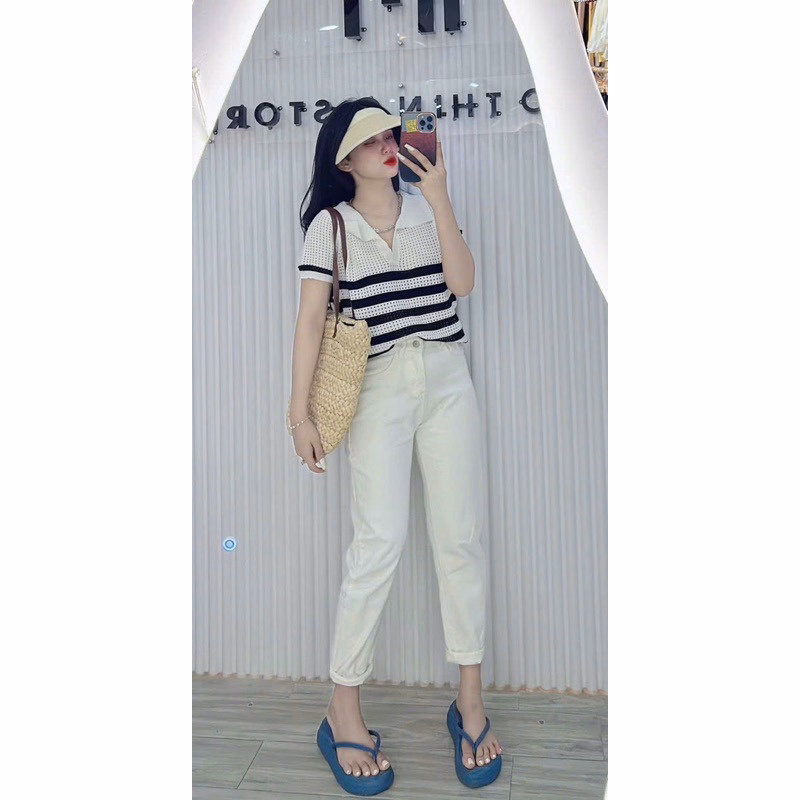 Áo Len Cộc Tay Cổ Bẻ Phối Kẻ Ngang Chất Liệu Len Lưới Độc Đáo Slcxa212 - Chipxinhxk - Ảnh 2