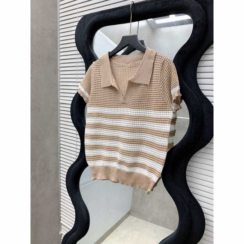 Áo Len Cộc Tay Cổ Bẻ Phối Kẻ Ngang Chất Liệu Len Lưới Độc Đáo Slcxa212 - Chipxinhxk - Ảnh 5