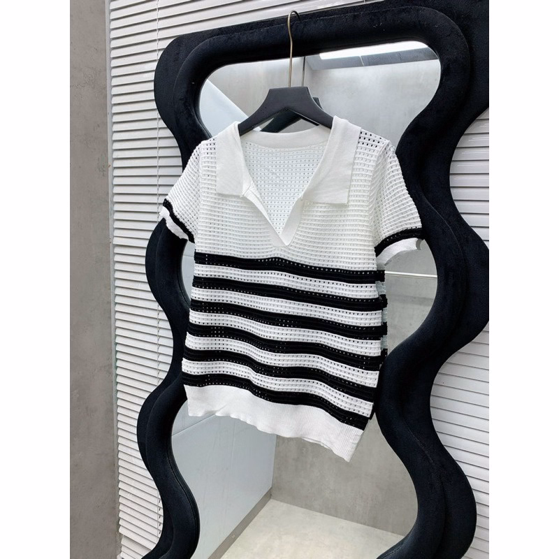 Áo Len Cộc Tay Cổ Bẻ Phối Kẻ Ngang Chất Liệu Len Lưới Độc Đáo Slcxa212 - Chipxinhxk - Ảnh 6