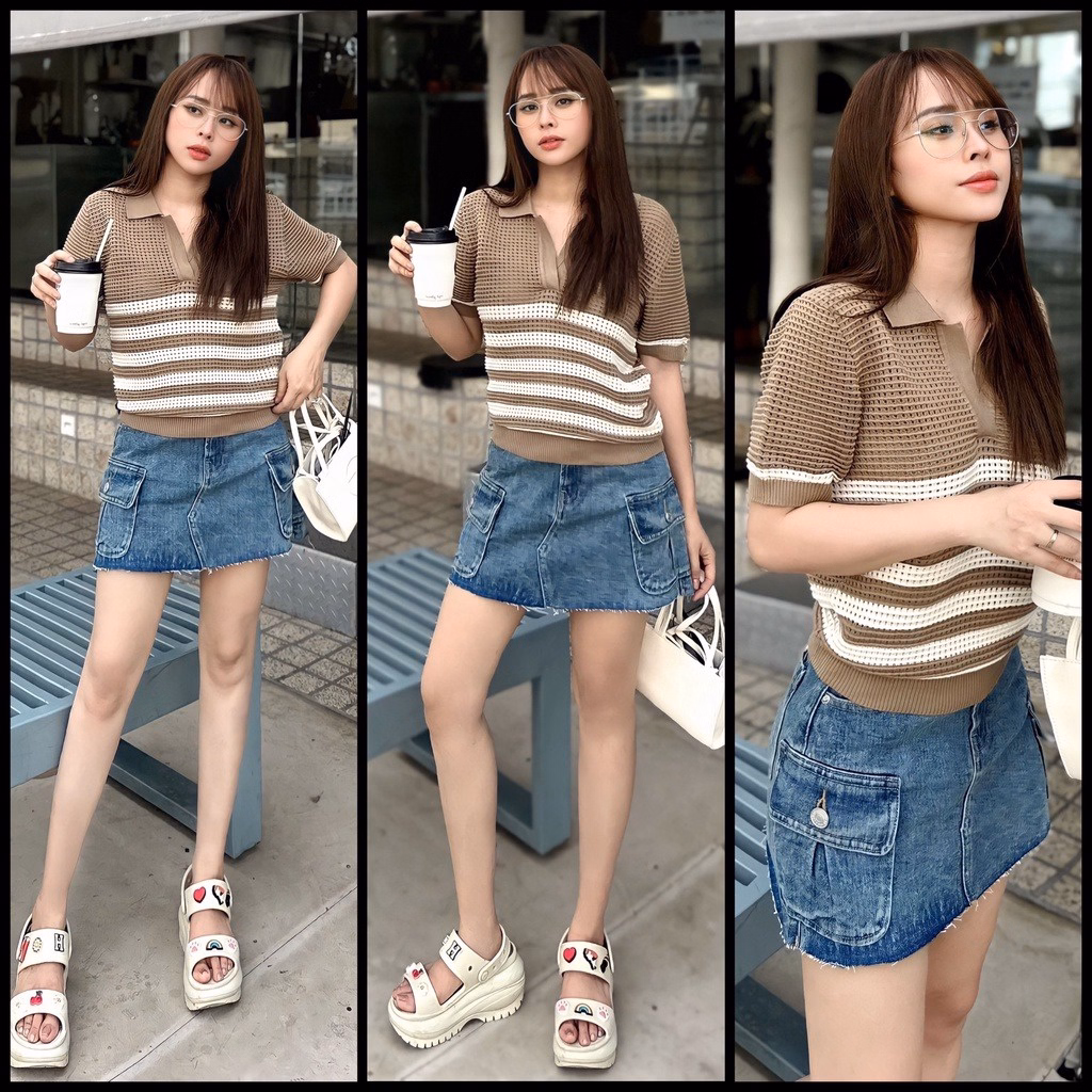 Áo Len Cộc Tay Cổ Bẻ Phối Kẻ Ngang Chất Liệu Len Lưới Độc Đáo Slcxa212 - Chipxinhxk - Ảnh 3