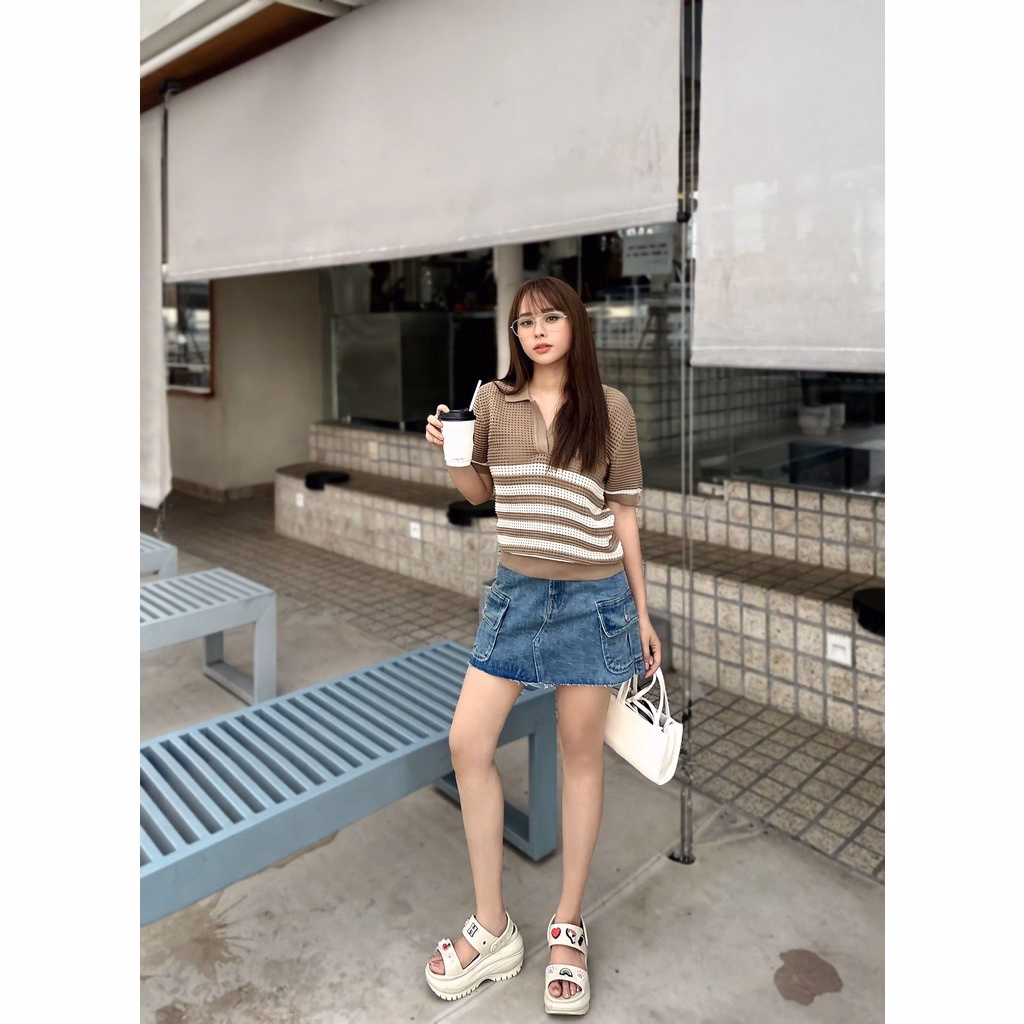 Áo Len Cộc Tay Cổ Bẻ Phối Kẻ Ngang Chất Liệu Len Lưới Độc Đáo Slcxa212 - Chipxinhxk - Ảnh 4