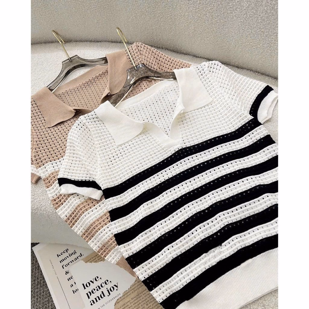 Áo Len Cộc Tay Cổ Bẻ Phối Kẻ Ngang Chất Liệu Len Lưới Độc Đáo Slcxa212 - Chipxinhxk - Ảnh 7