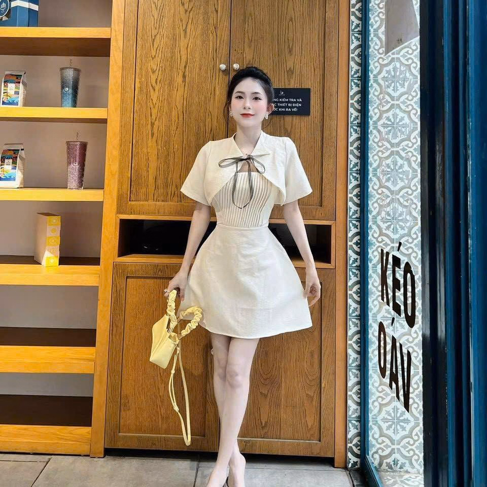 Set Đầm Váy Nữ 2 Dây Xốp Sino Kèm Áo Khoác Cột Nơ Sa853 - Sam Store - Ảnh 4