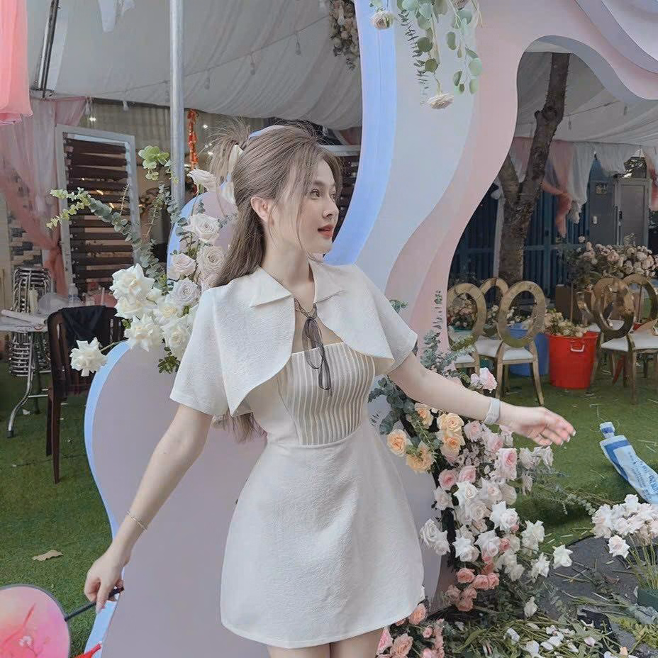 Set Đầm Váy Nữ 2 Dây Xốp Sino Kèm Áo Khoác Cột Nơ Sa853 - Sam Store - Ảnh 2