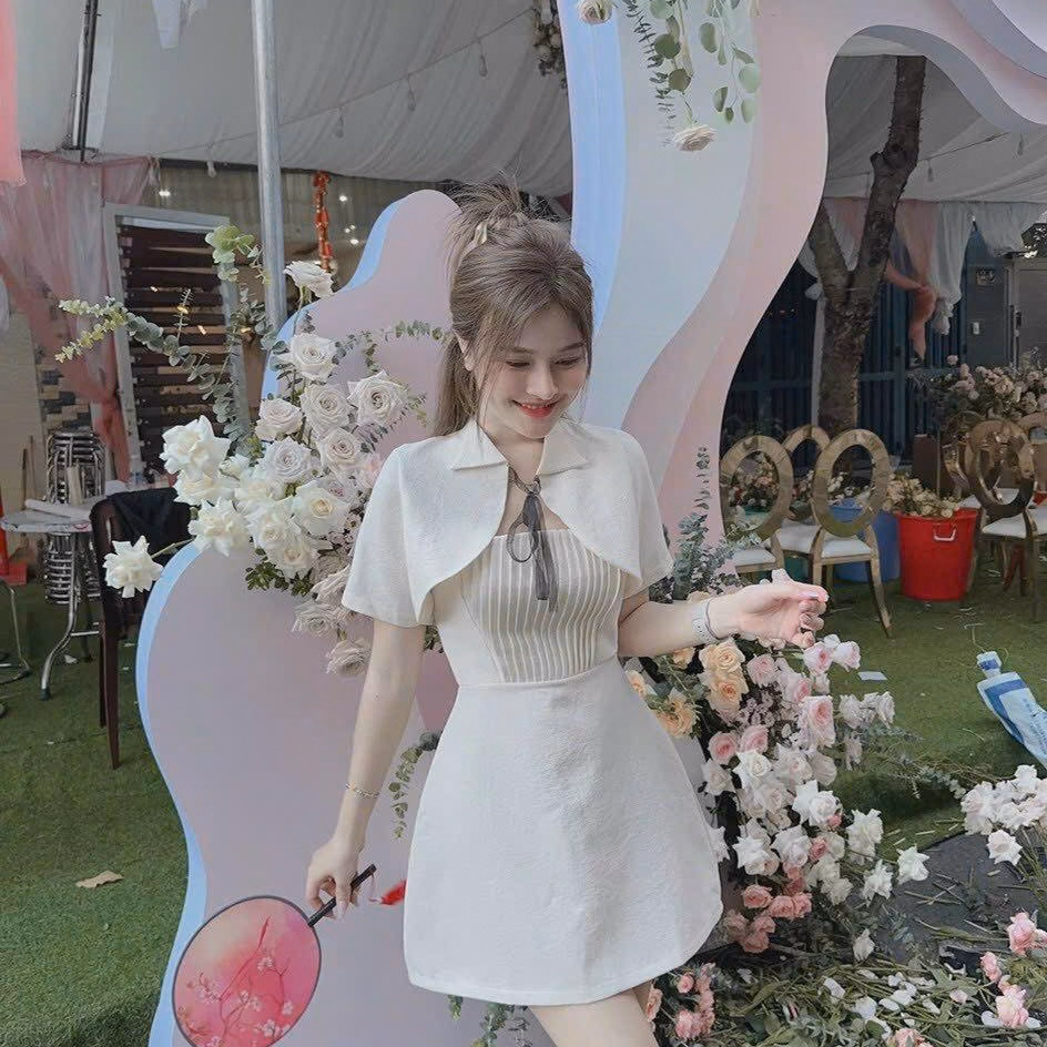 Set Đầm Váy Nữ 2 Dây Xốp Sino Kèm Áo Khoác Cột Nơ Sa853 - Sam Store - Ảnh 3