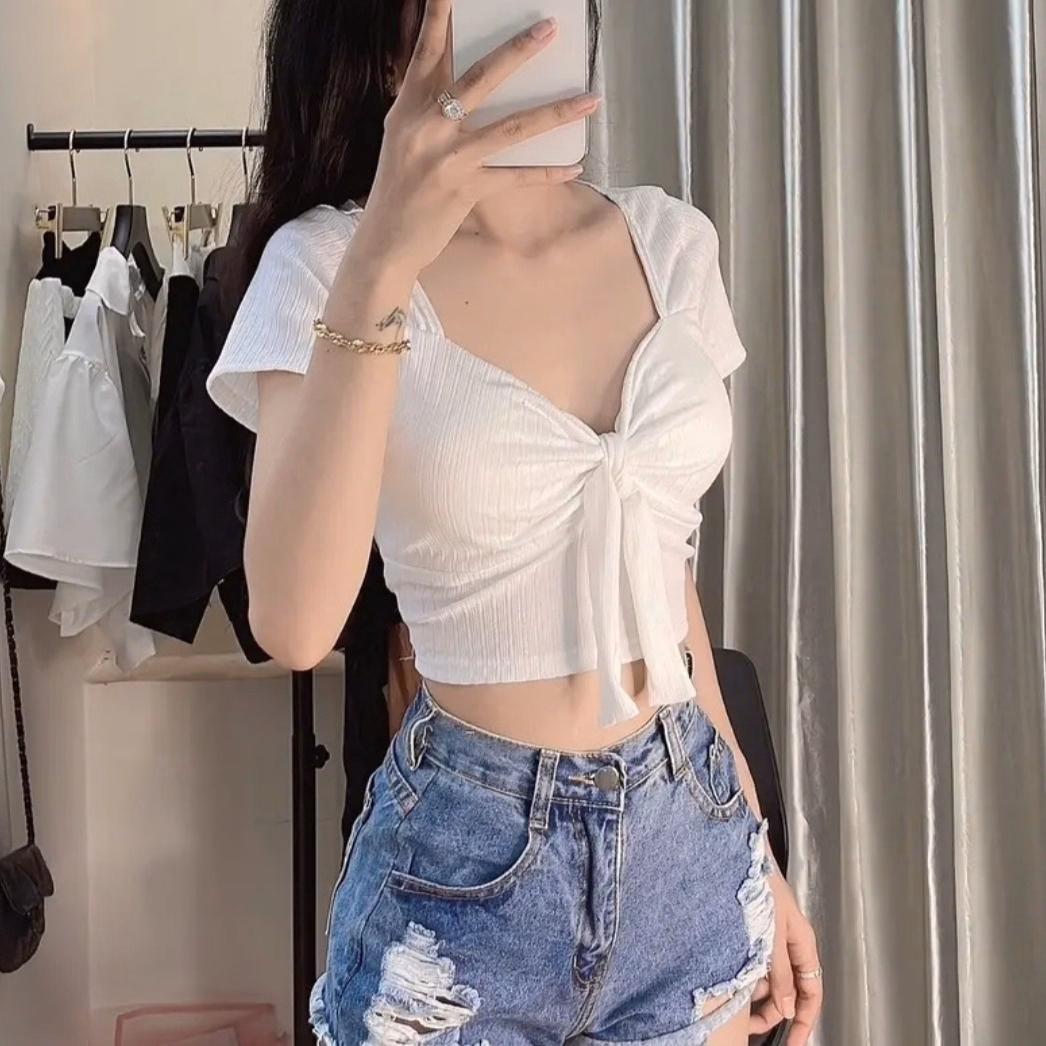 Áo Croptop Có Đem Mút Ngực Thắt Nơ - Ảnh 4