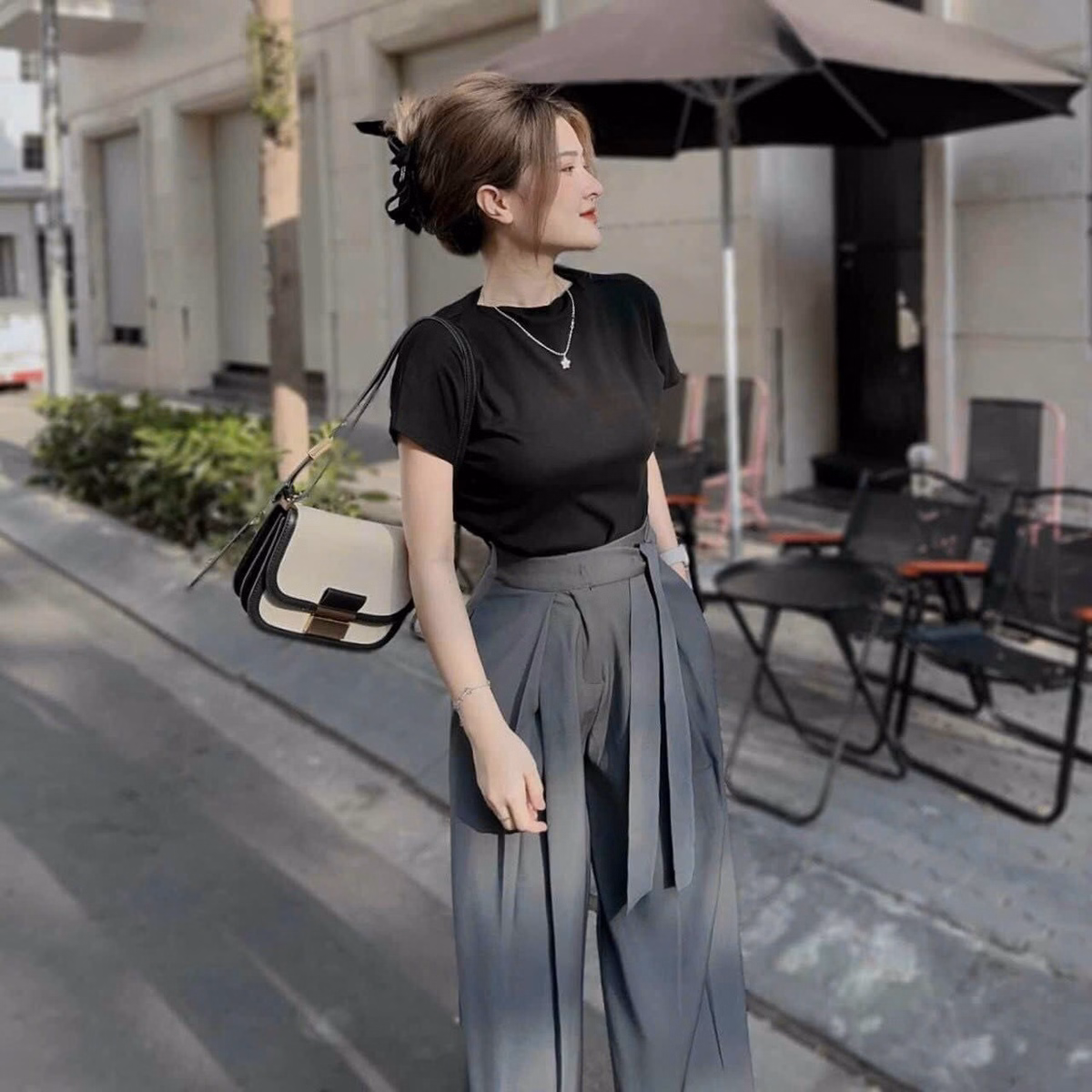 Set Bộ Đồ Nữ Với Áo Thun Trơn Mix Quần Ống Suông Đan Dây Lưng Bt872 - Nana House - Ảnh 4