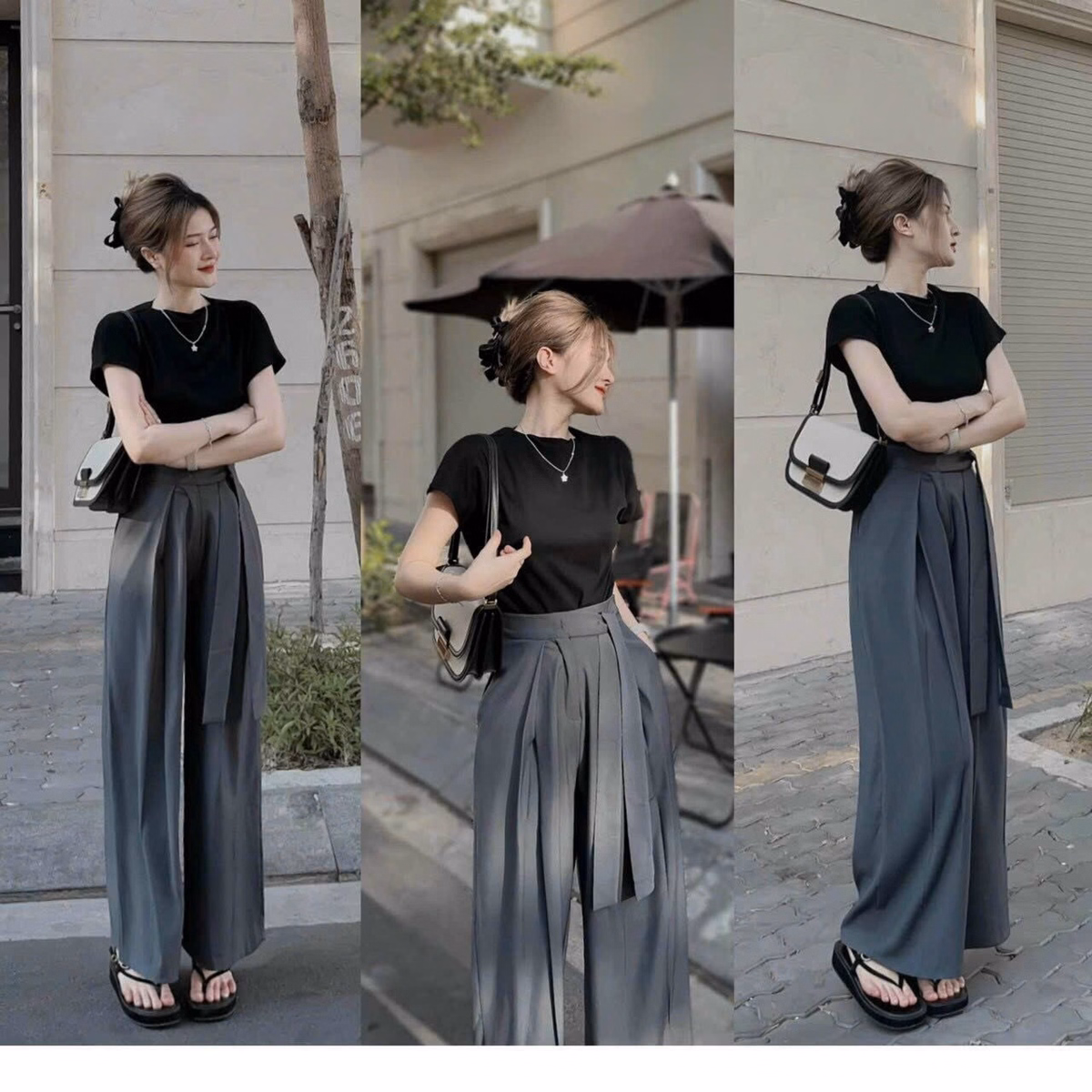 Set Bộ Đồ Nữ Với Áo Thun Trơn Mix Quần Ống Suông Đan Dây Lưng Bt872 - Nana House - Ảnh 3