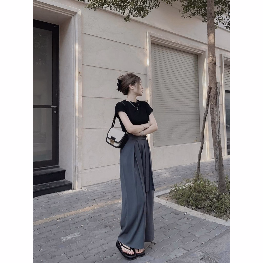 Set Bộ Đồ Nữ Với Áo Thun Trơn Mix Quần Ống Suông Đan Dây Lưng Bt872 - Nana House - Ảnh 7