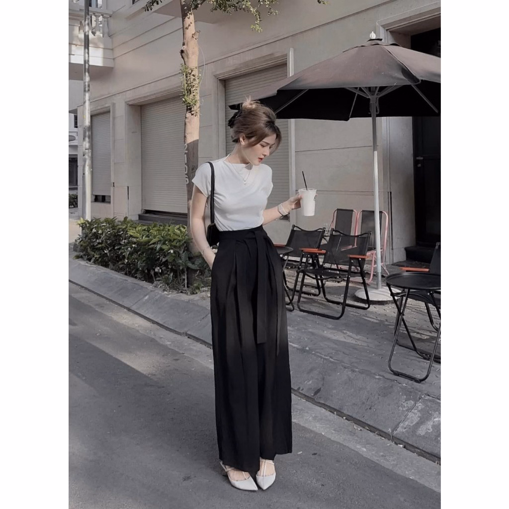 Set Bộ Đồ Nữ Với Áo Thun Trơn Mix Quần Ống Suông Đan Dây Lưng Bt872 - Nana House - Ảnh 6