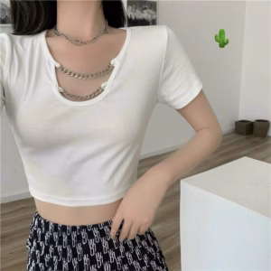 Áo Thun Nữ Croptop Cổ Tròn Tay Ngắn Phối Xích - Ausa House