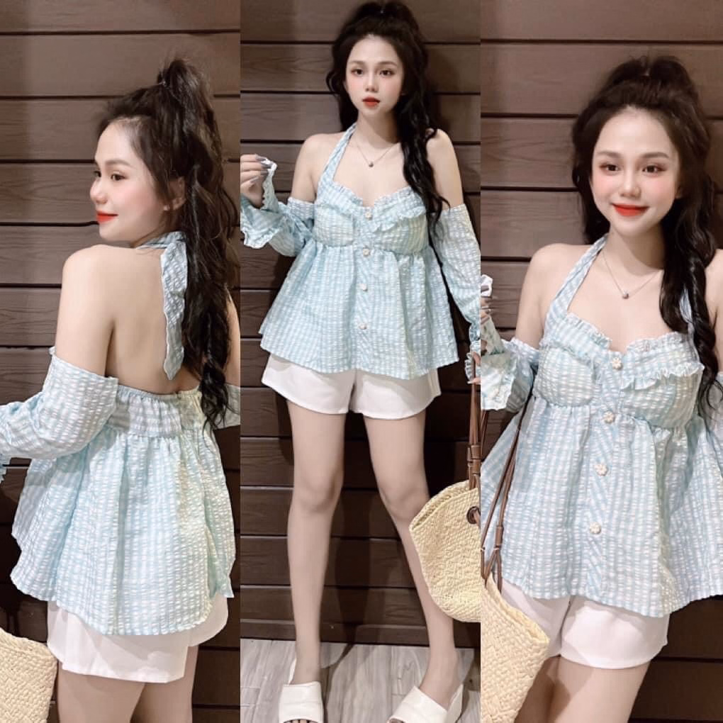 Set Đồ Nữ Td Xốp Quảng Châu Áo Bèo Ngực Phối Quần Short - Ausa House - Ảnh 2