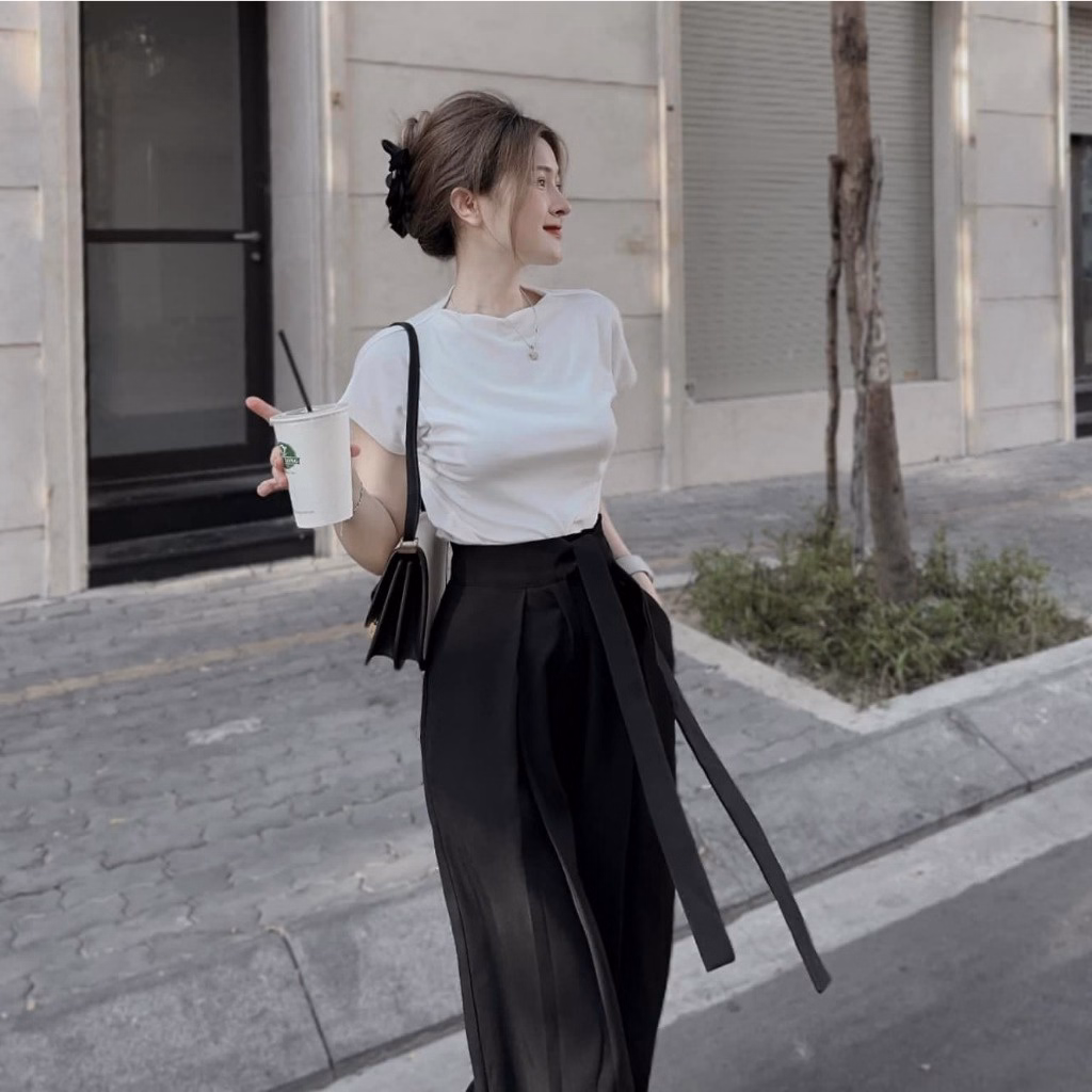 Set Bộ Đồ Nữ Với Áo Thun Trơn Mix Quần Ống Suông Đan Dây Lưng Sa870 - Sam Store - Ảnh 4