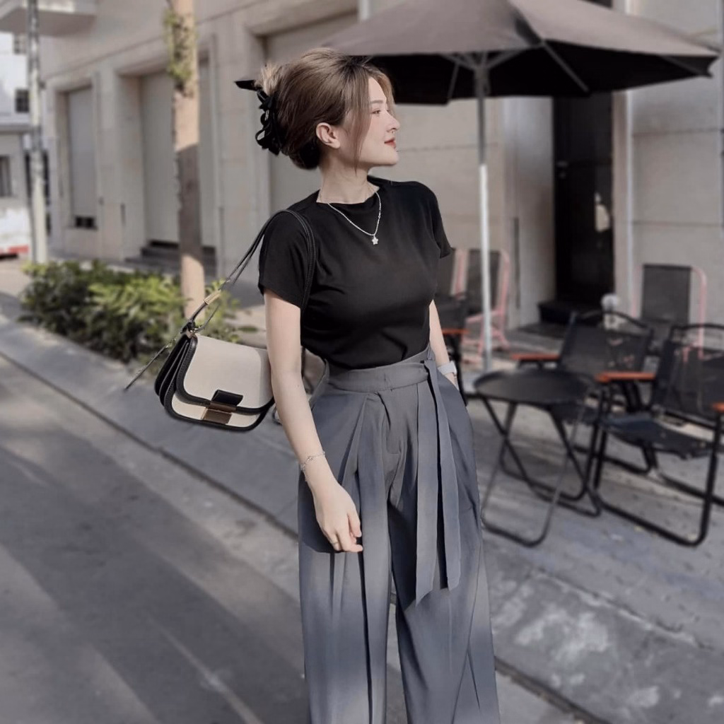 Set Bộ Đồ Nữ Với Áo Thun Trơn Mix Quần Ống Suông Đan Dây Lưng Sa870 - Sam Store - Ảnh 5