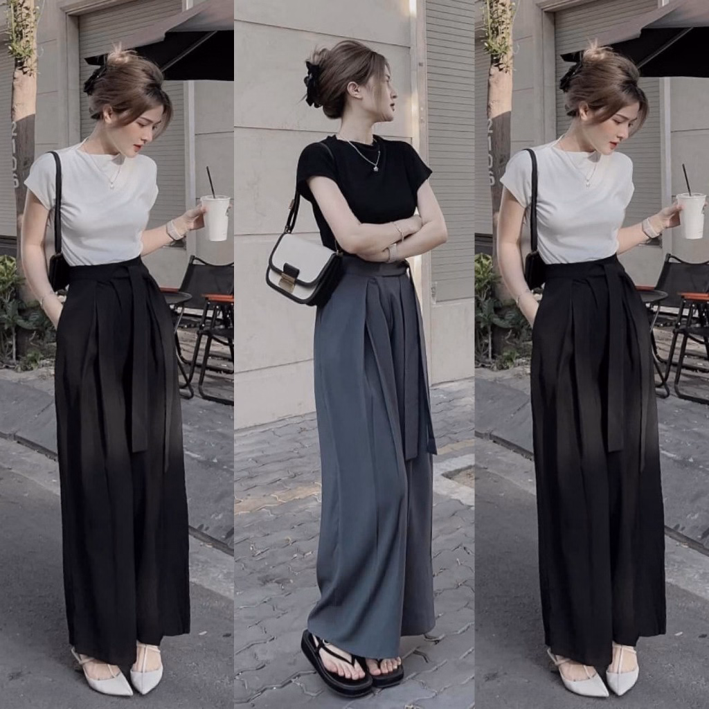 Set Bộ Đồ Nữ Với Áo Thun Trơn Mix Quần Ống Suông Đan Dây Lưng Sa870 - Sam Store - Ảnh 2