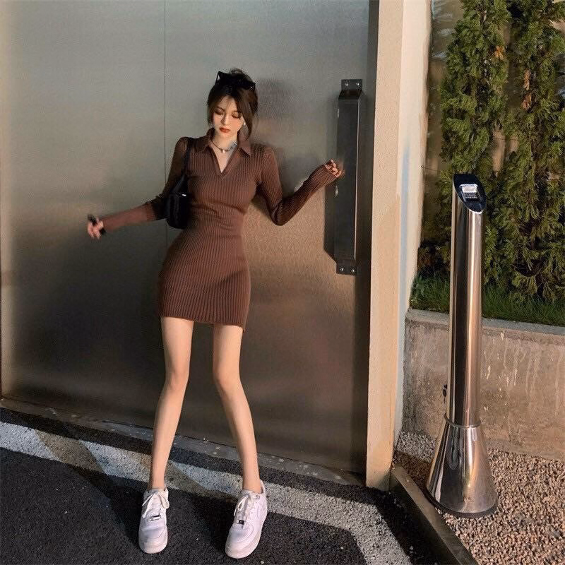 Đầm Váy Nữ Thun Gân Ôm Body Áo Tay Dài Cổ Chữ V Q31- Sam Store - Ảnh 7