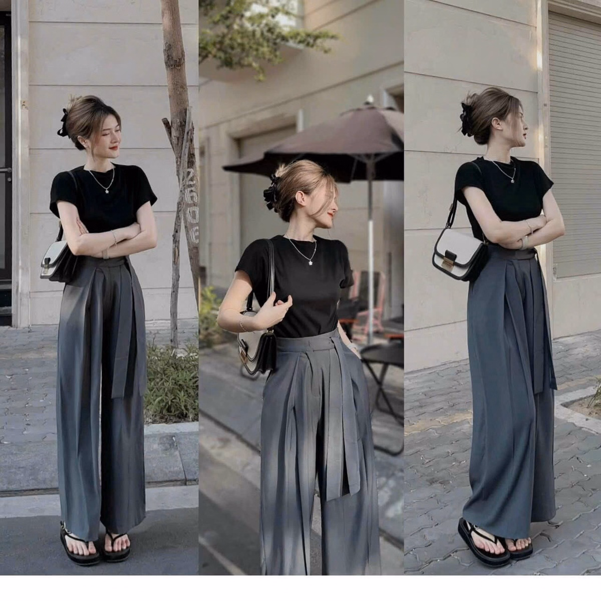 Set Bộ Đồ Nữ Với Áo Thun Trơn Mix Quần Ống Suông Đan Dây Lưng Sa870 - Sam Store - Ảnh 3