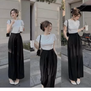 Set Bộ Đồ Nữ Với Áo Thun Trơn Mix Quần Ống Suông Đan Dây Lưng Sa870 - Sam Store