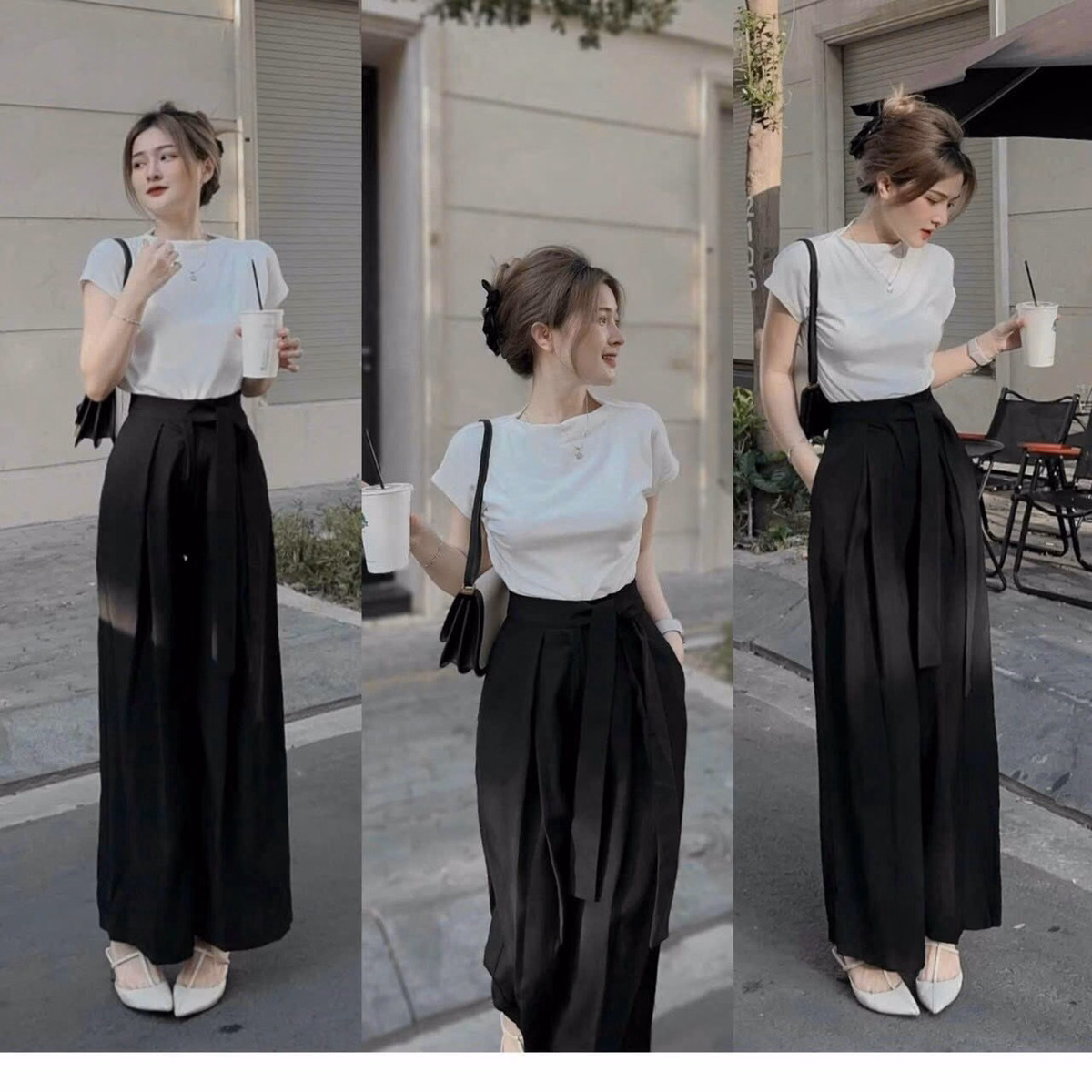 Set Bộ Đồ Nữ Với Áo Thun Trơn Mix Quần Ống Suông Đan Dây Lưng Sa870 - Sam Store